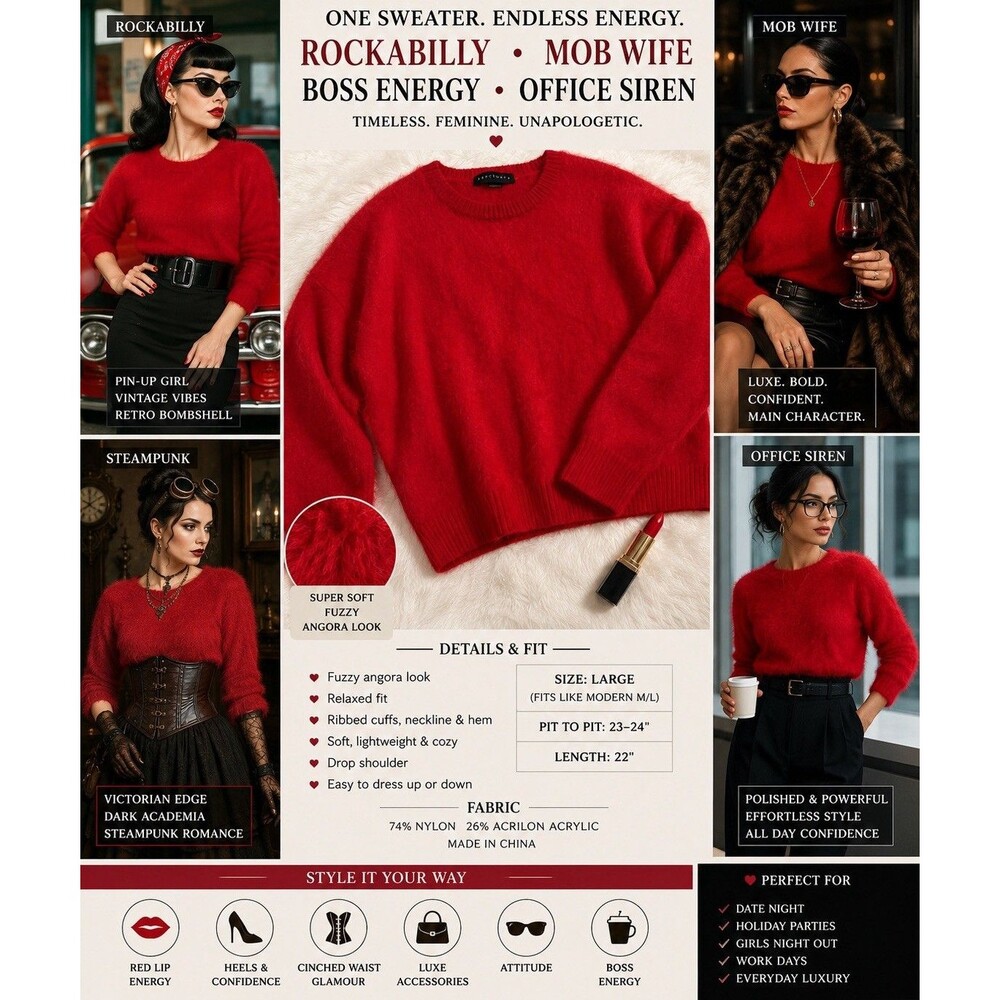 EUC Sanctuary Cherry Red Fuzzy Sweater Mob Wife Office Siren Pin Up Rockabilly L